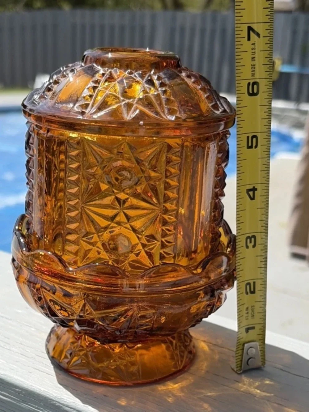 Vintage Golden Amber Indiana Glass Stars & Bars Fairy Lamp 6.5” MCM Candle Light